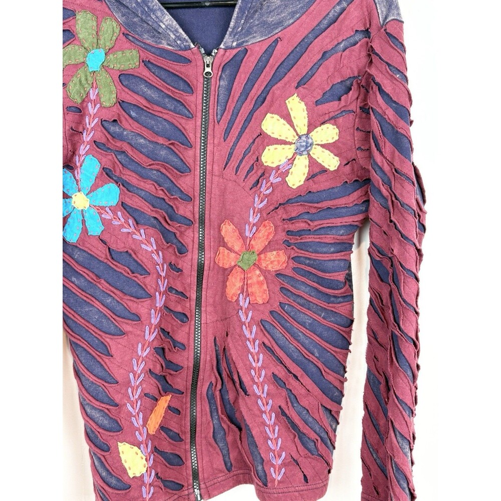 Women's Zip-Up Large Sweatshirt India Boutique Hippie Deadhead Applique Floral - Picture 6 of 11